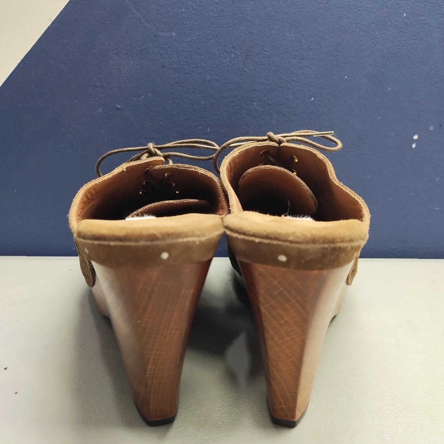 Vintage L'Autre Chose Oxford Wood Mules Womens Size 7 Brown Comfort Wedge Heel Lace Up Shoes Size US 7 / IT 37 - 5 Thumbnail