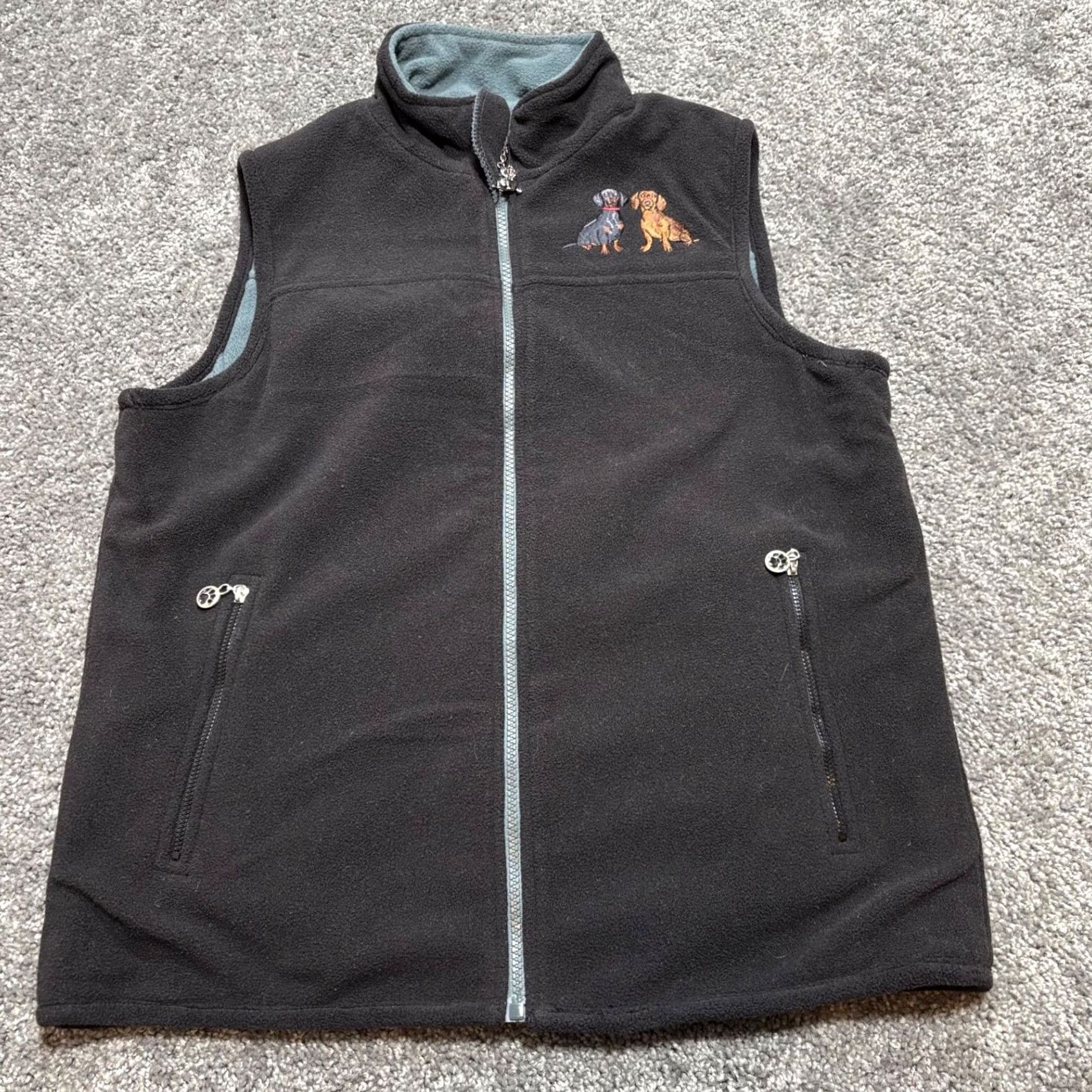 Vintage Dog Mom Vest Womens Medium Blue Black Reversible Embroidered Zip Pockets Charms Vest Women M Blue Embroidered Reversible Puppy Dog Theme Charms Size M / US 6-8 / IT 42-44 - 6 Thumbnail