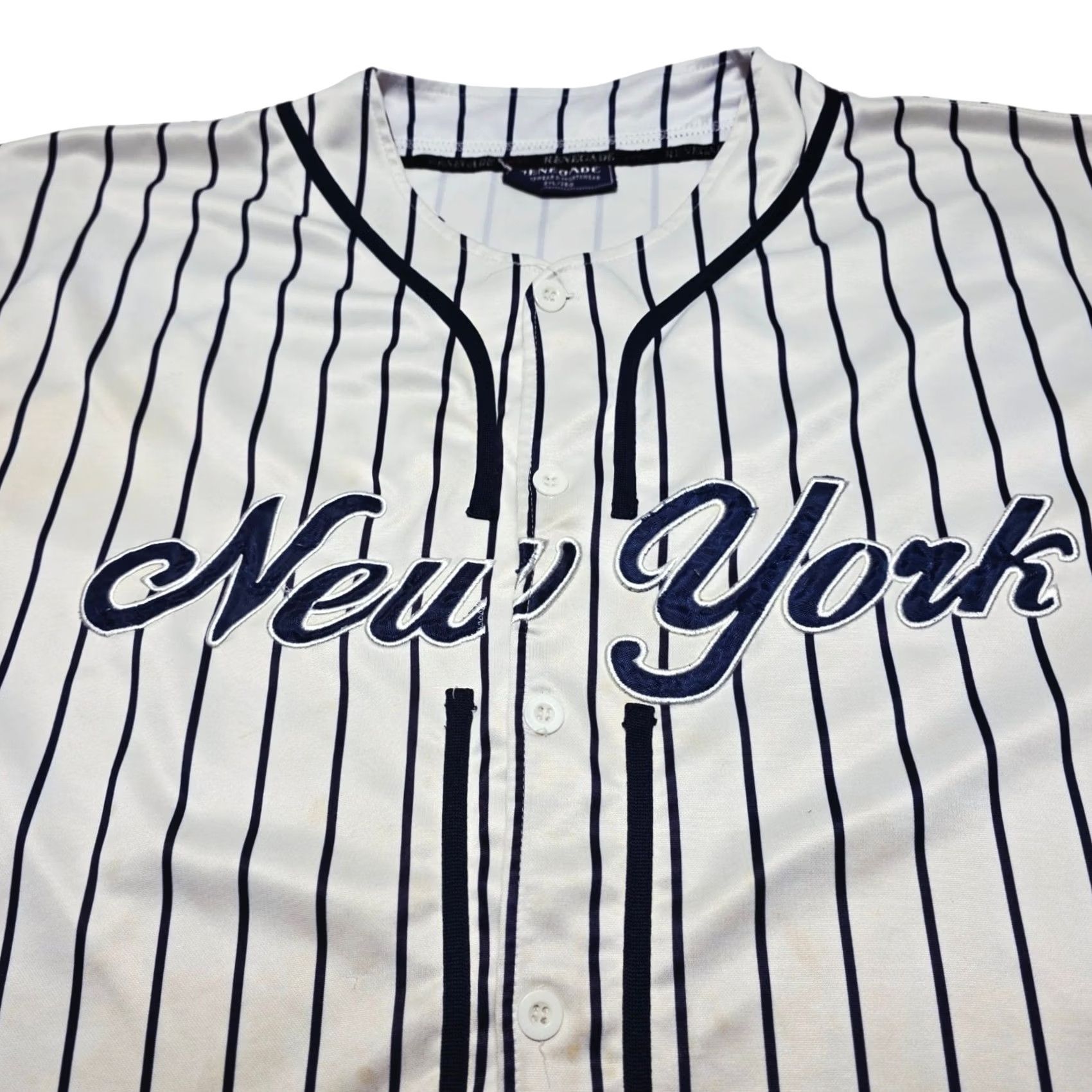 Vintage VINTAGE Renegade New York Pinstripe Baseball Jersey Shirt Y2k Mens 2XL Stained Distressed 90s Jersey Shirt Mens Women? Size US XXL / EU 58 / 5 - 3 Thumbnail