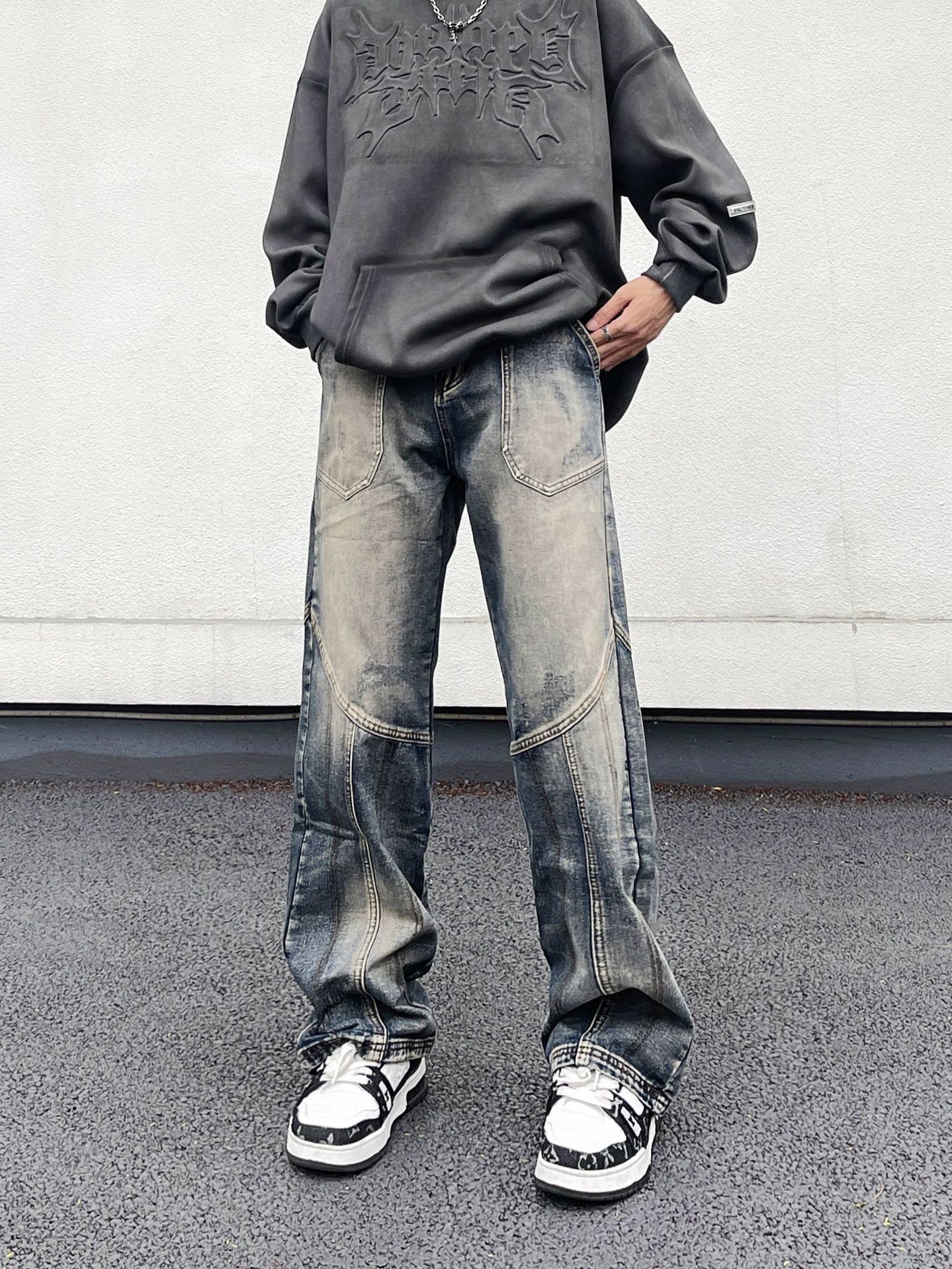 Japanese Brand Street American retro men's loose wide-leg patchwork jeans Size US 32 / EU 48 - 4 Thumbnail