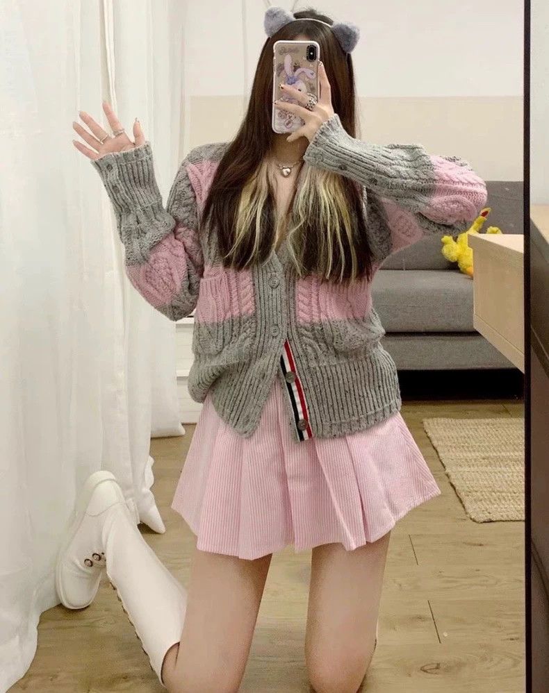 Gray Pink Knitted Cardigan-dmc Tops