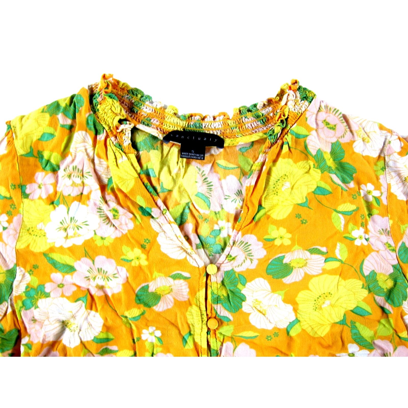 Sanctuary Sanctuary Floral Button-Up Blouse Small Women's 100% Rayon Yellow Orange Green Pink Shirt Top Casual Business Size S / US 4 / IT 40 - 3 Thumbnail