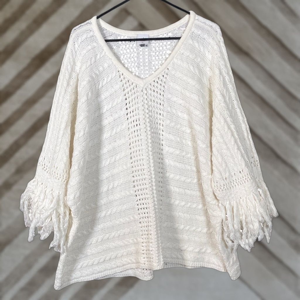 Vintage CAbi Sweater Cream Fringe Fiesta Poncho V-Neck Long Sleeve Knitted XL Women Pullover Knit Casual Workwear Size XL / US 12-14 / IT 48-50 - 1 Thumbnail