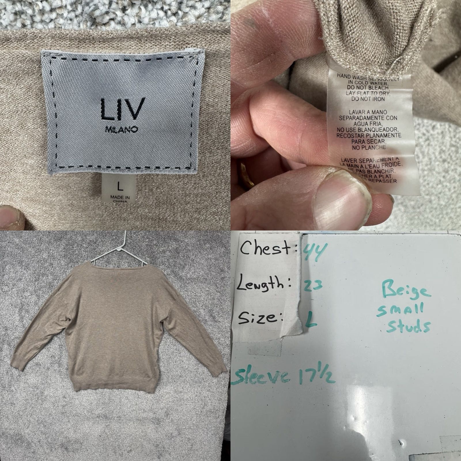 Vintage Liv MIlano Sweater Large Rhinestones Soft Glam Office Party Work To Evening Long Sleeve V-Neck Knit Pullover Women Beige Casual Womens - Size L / US 10 / IT 46 - 8 Thumbnail