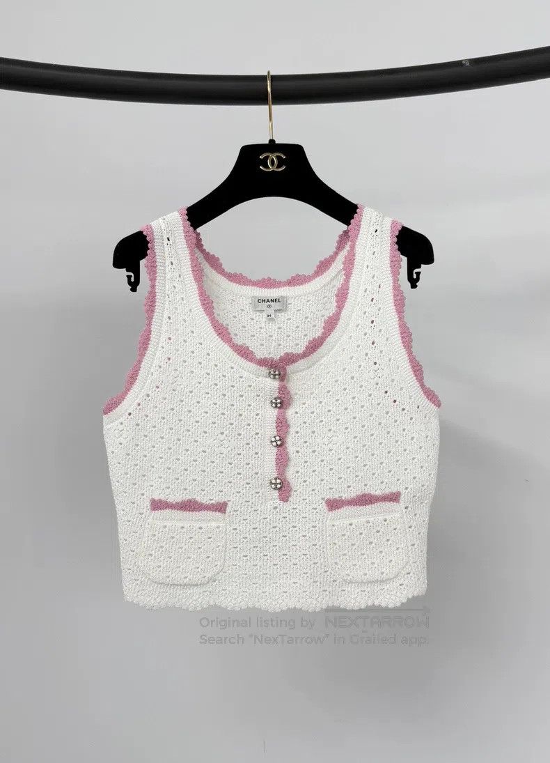 Chanel Chanel 24P white knitted hollowed-out pink-edged vest Size XXS / US 00 / IT 34 - 1 Thumbnail