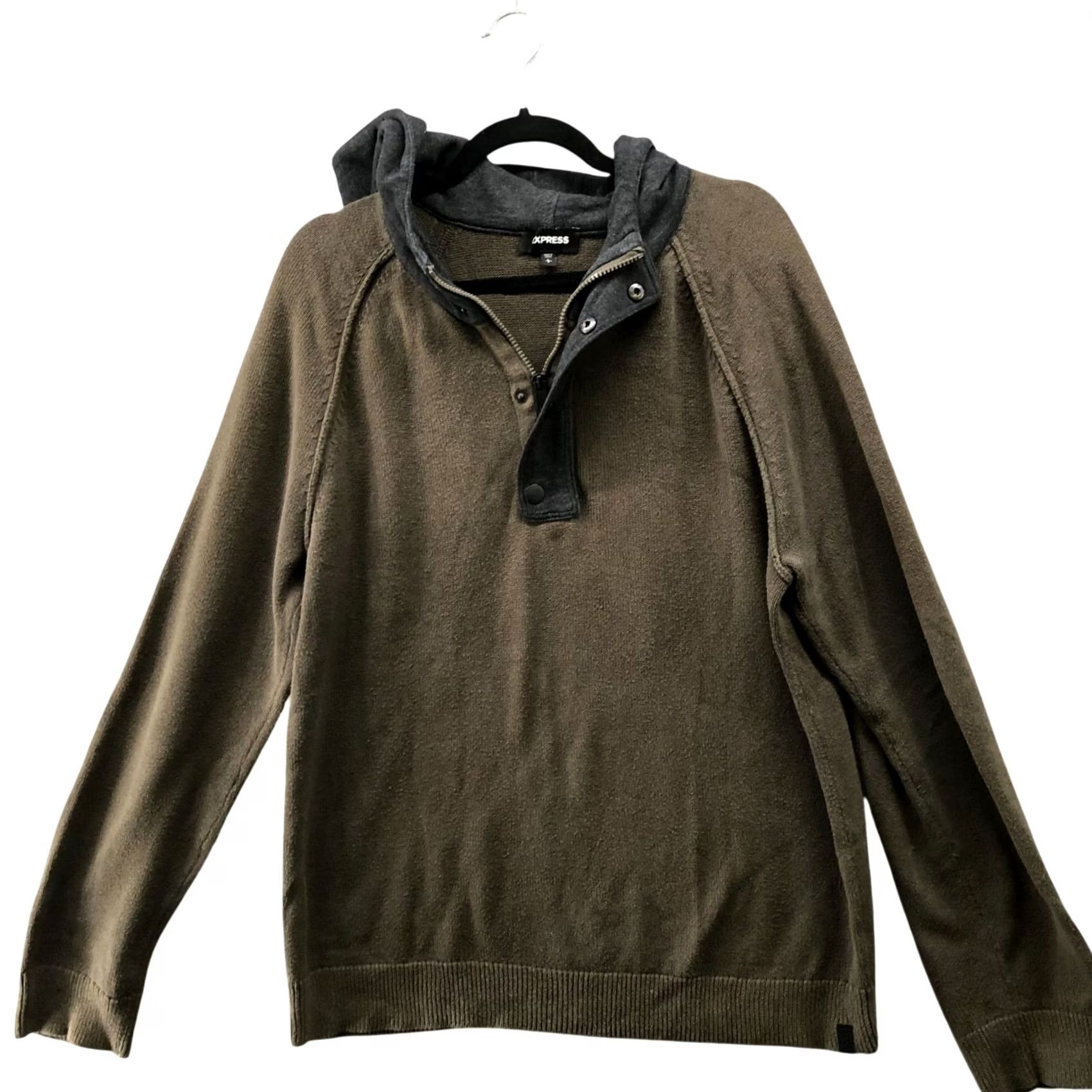 Express Express Sweater Shirt Mens L Brown Hooded 1/4 Button Cotton Pullover Size US L / EU 52-54 / 3 - 2 Thumbnail