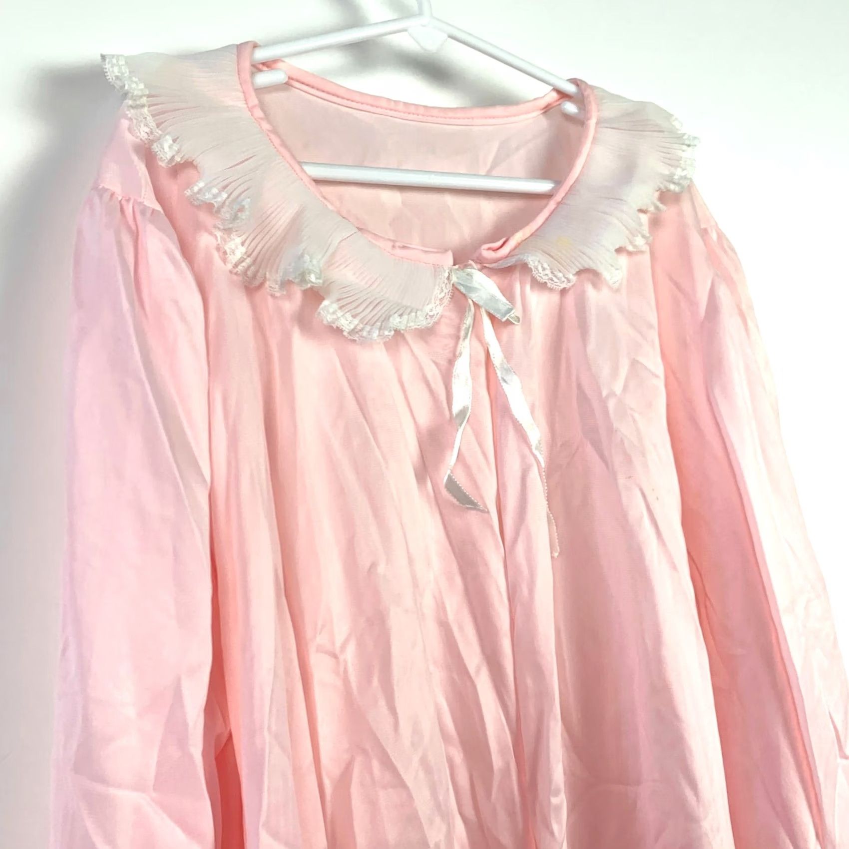 Vintage Miss Elaine Sleep Shirt Pink Open Front Ruffle Lace Nylon 1980s Cape Eveningwear 41" Chest Womens Size M / US 6-8 / IT 42-44 - 3 Thumbnail