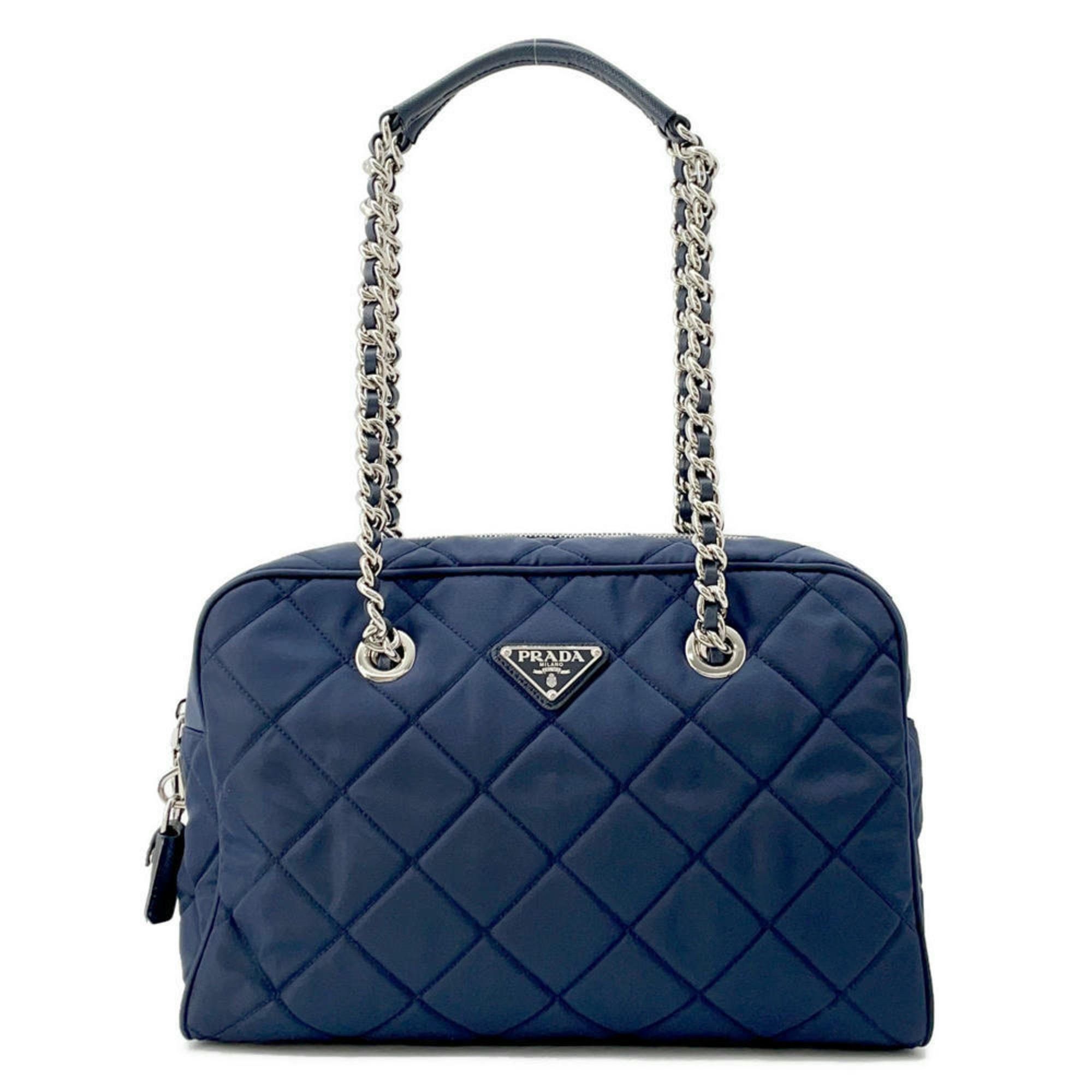 Prada Chain Shoulder Bag Quilted Nylon Black 1Bb903 Prada Navy in Blue, Women's