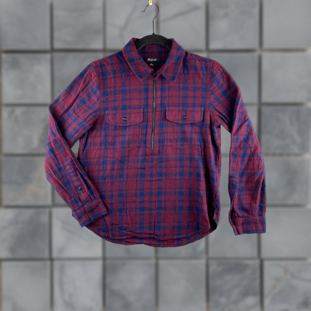 Madewell Madewell Shirt Womens Small S Blue Red Plaid 1/4 Zip Long Sleeve Multicolor Flannel Shirt Size S / US 4 / IT 40 - 1 Thumbnail