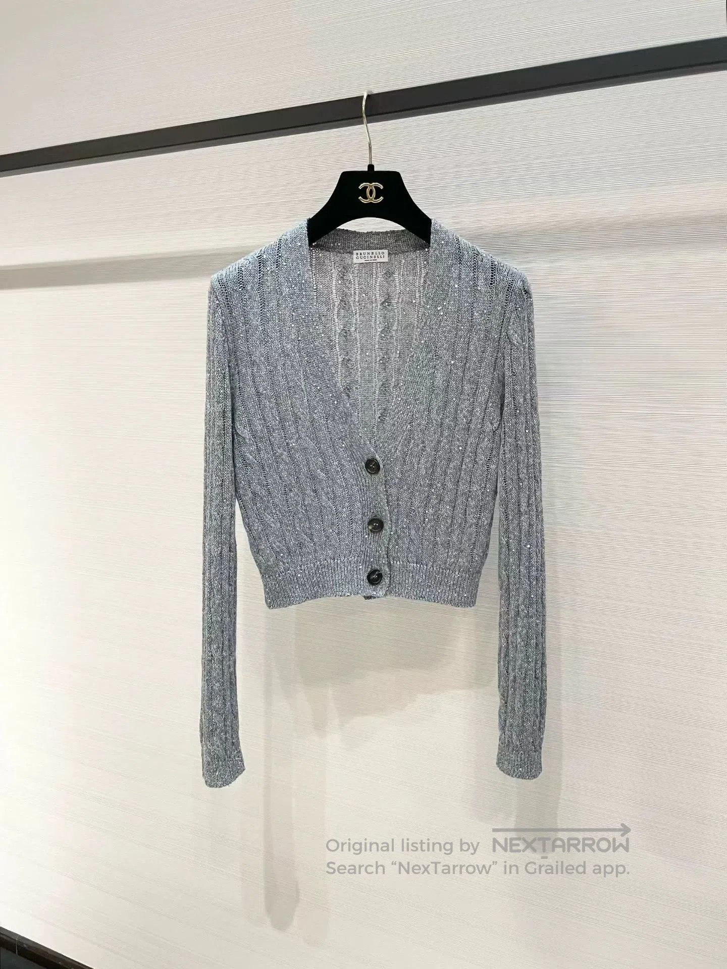 Brunello Cucinelli Gray Sequin Knit Cardigan.