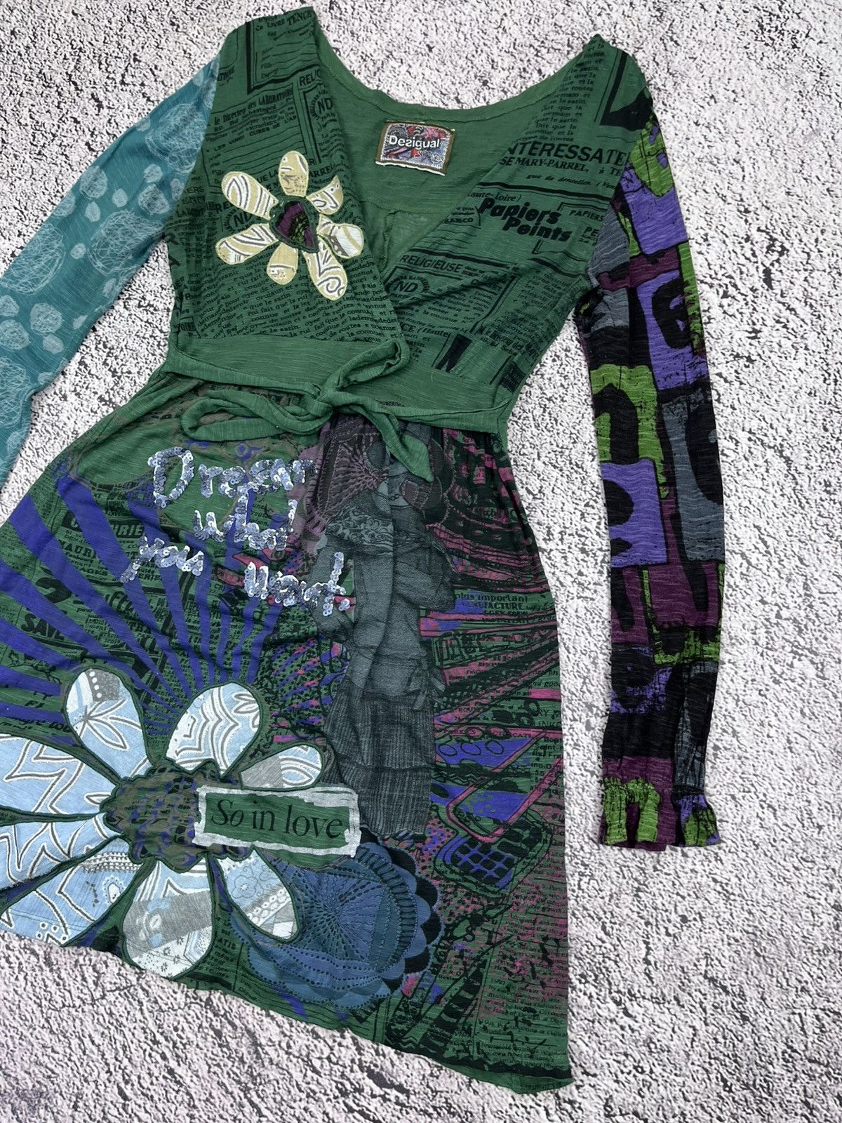 Desigual Vintage Desigual Y2K Graphic Patchwork Dress Green Boho Size XS / US 0-2 / IT 36-38 - 3 Thumbnail