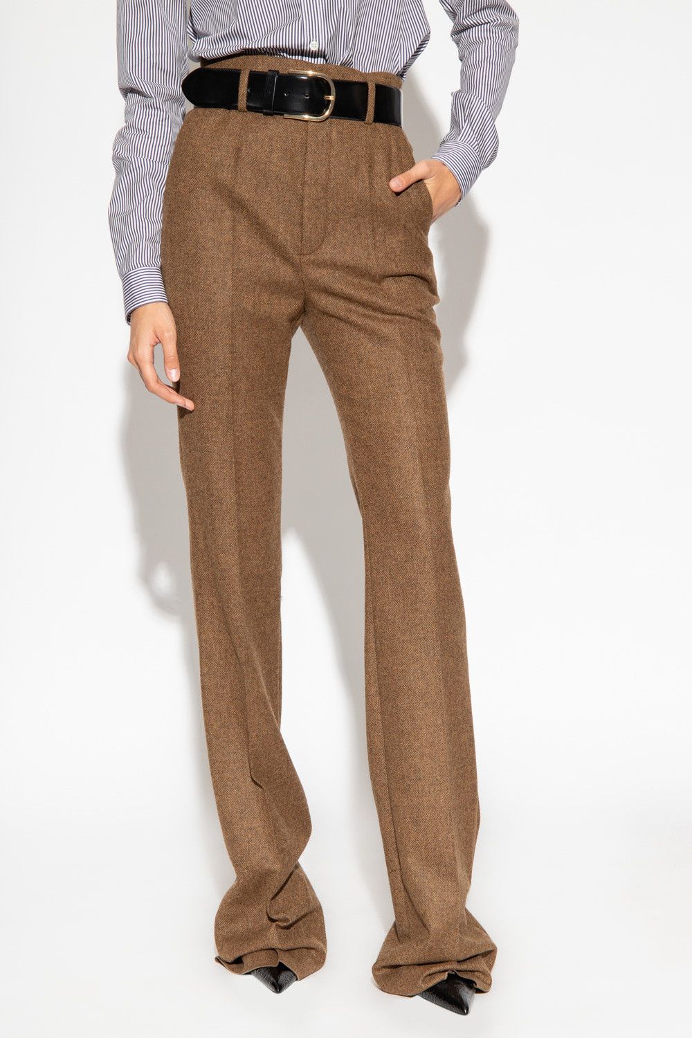 Saint Laurent Paris o1s1wg110924 High-Waisted Pants in Chevron Wool in Brown Size 28" / US 6 / IT 42 - 2 Thumbnail