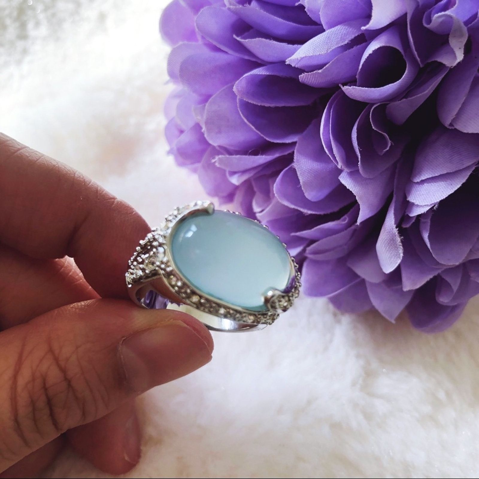 Other Silver Oval Aqua Blue Ring Size ONE SIZE - 1 Thumbnail