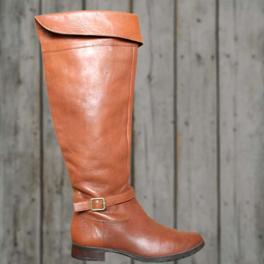 Ralph Lauren VINTAGE LRL Sabina Chestnut Brown Leather Buckle Strap 17" Tall Knee-High Boots Sz. 8B Womens Leather Riding Boot Smoking? Size US 8 / IT 38 - 1 Thumbnail