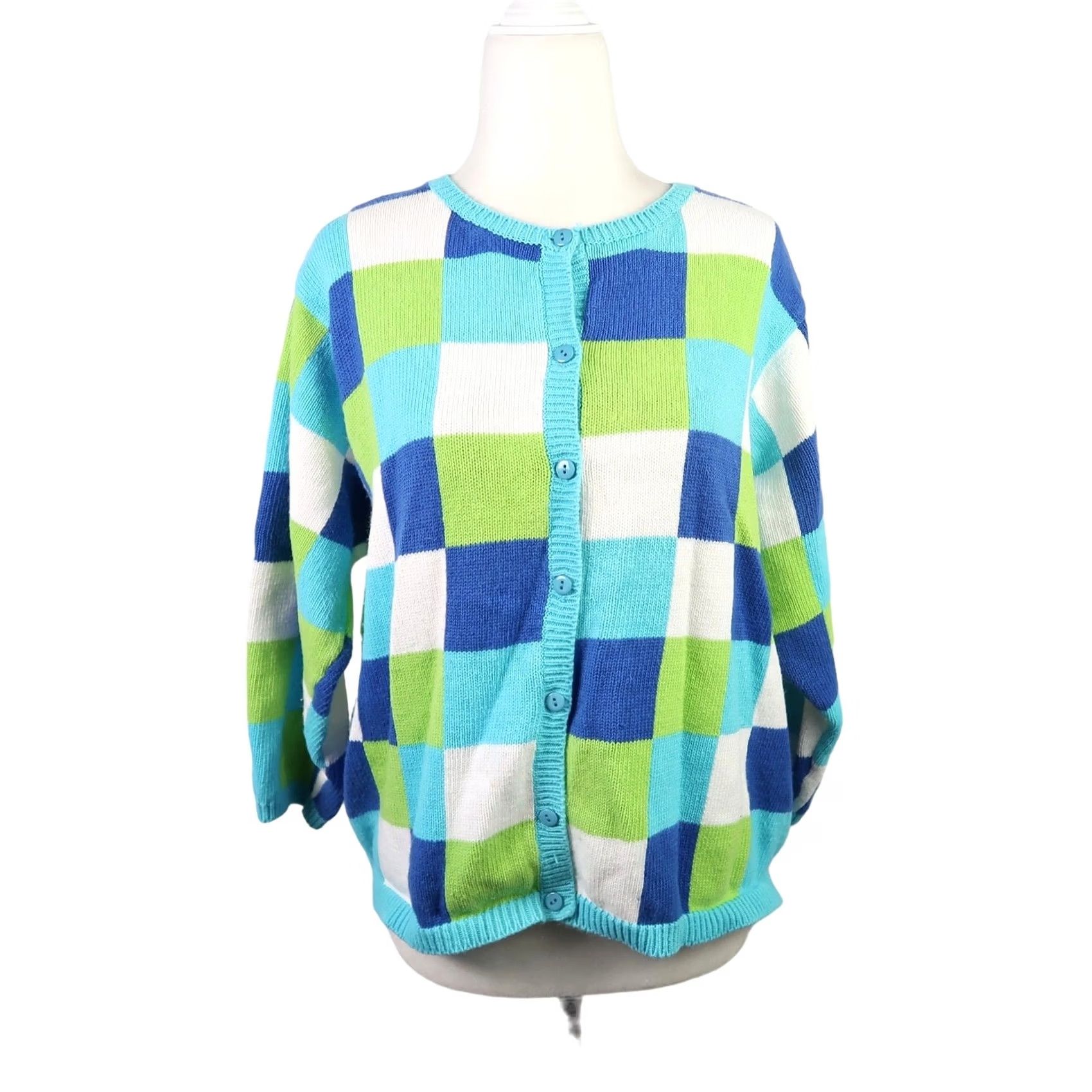Vintage VINTAGE Y2K Blue and Green Grid Checker Print Knit Cardigan L Mens Womens Boys Girls Size L / US 10 / IT 46 - 2 Thumbnail