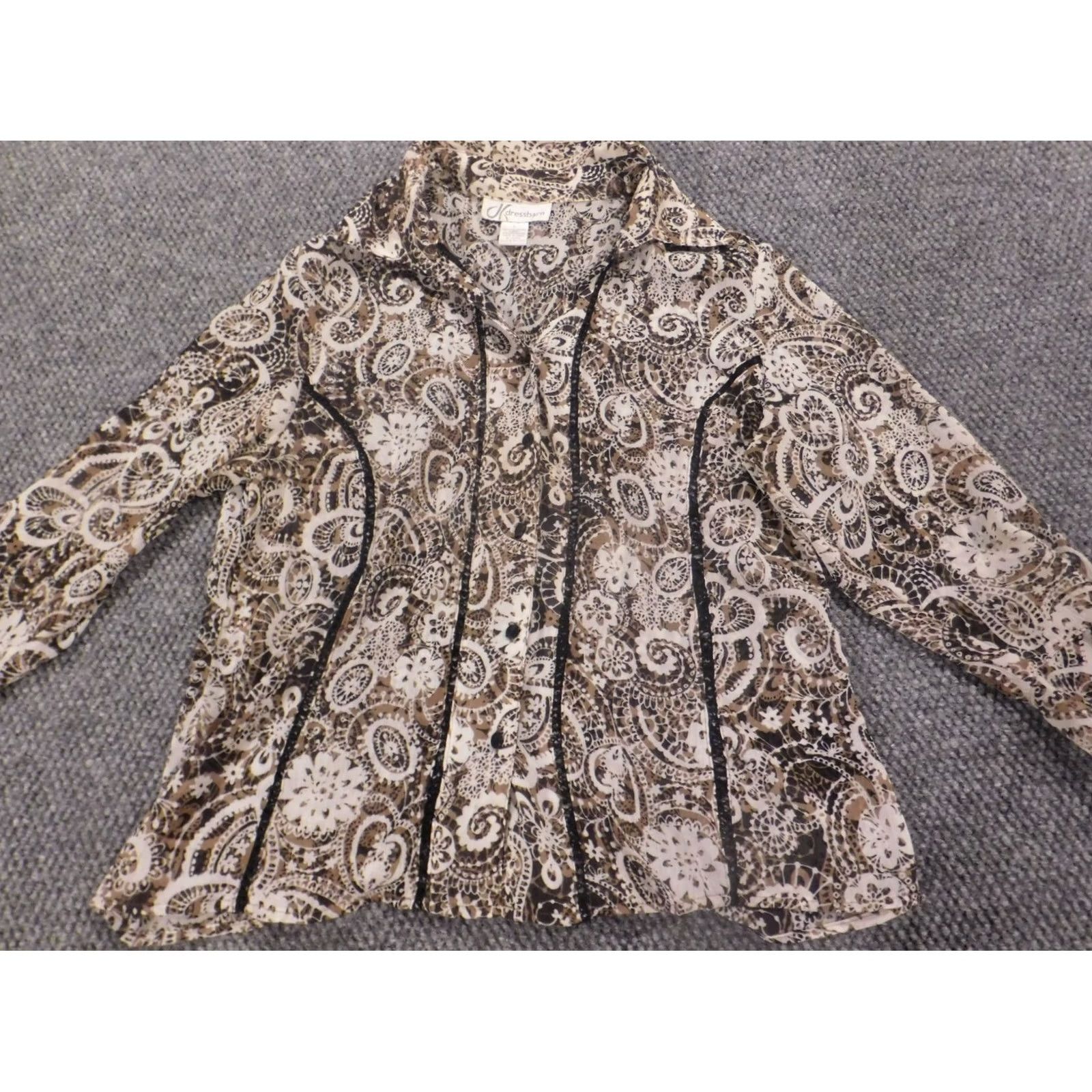 Vintage Dressbarn Womens Blouse Button-Up Long Sleeve Brown Floral Casual L Size Brown Pattern Floral Ruffle Accent Womens Regular Button-Up Shirt Size L / US 10 / IT 46 - 2 Thumbnail