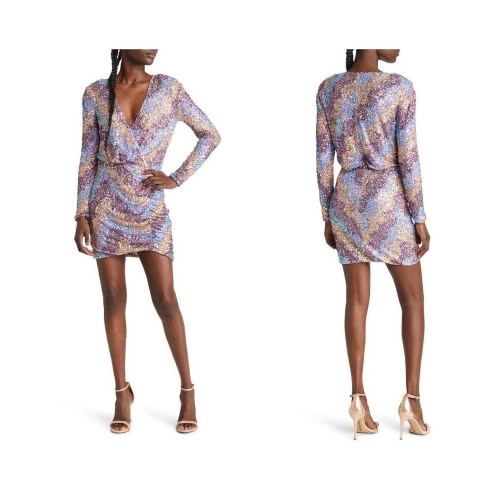 Image of Saylor Kinney Long Sleeve V-Neck Minidress Xs NWOT $330 Msrp in Blue, Women's