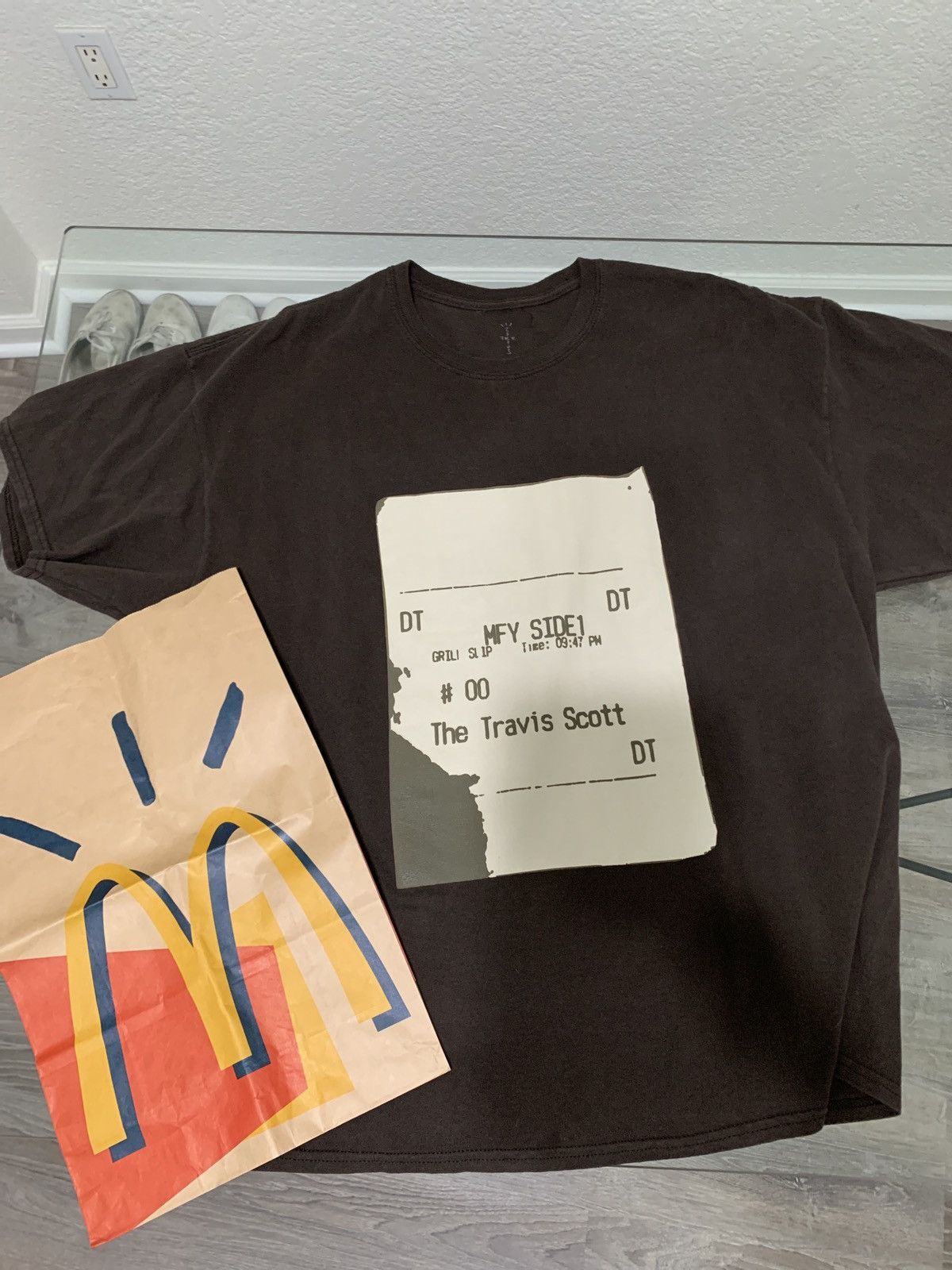 Image of Travis Scott X Mcdonalds Receipt Tee Shirt in Brown, Men's (Size XL)