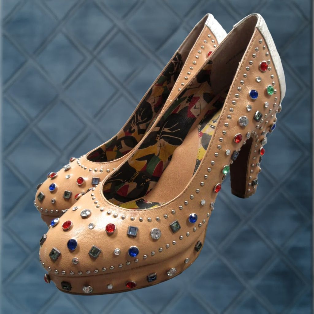 Vintage Miss L'Fire Showgirl Sandal Womens 9 Beige Leather Studded Rhinestone Slip-On Block Heel Shoes 40 Size US 9 / IT 39 - 1 Thumbnail