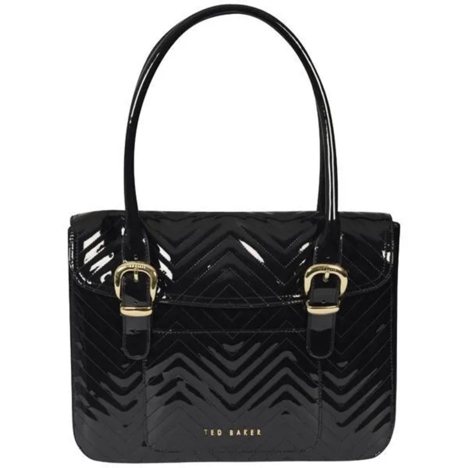 Ted Baker London Black Patent PVC Quilted Gold Buckle Purse