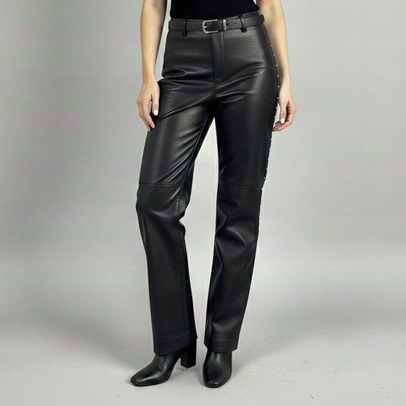Vintage Vintage Black Leather Straight Leg Pants w/ Rhinestone Trim Size 30" / US 8 / IT 44 - 1 Thumbnail