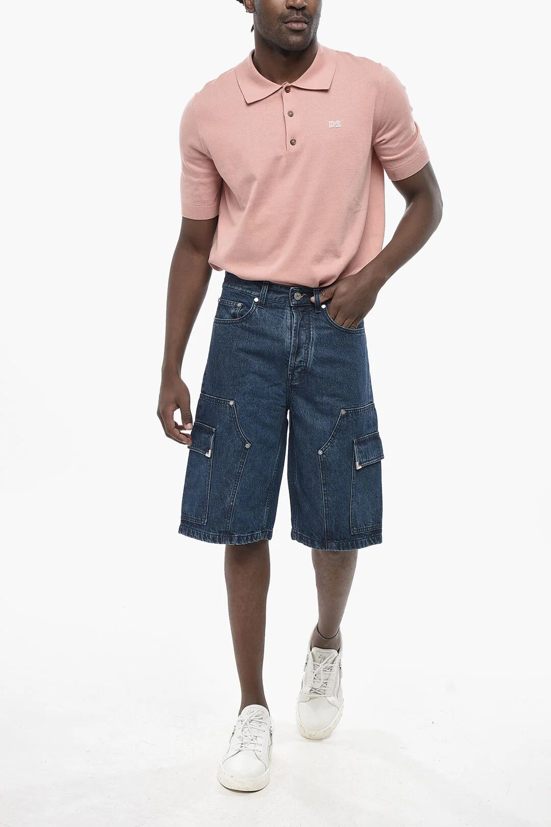 Palm Angels og1mm0326 Dark Wash Denim Cargo Short in Blue Size US 33 - 4 Thumbnail