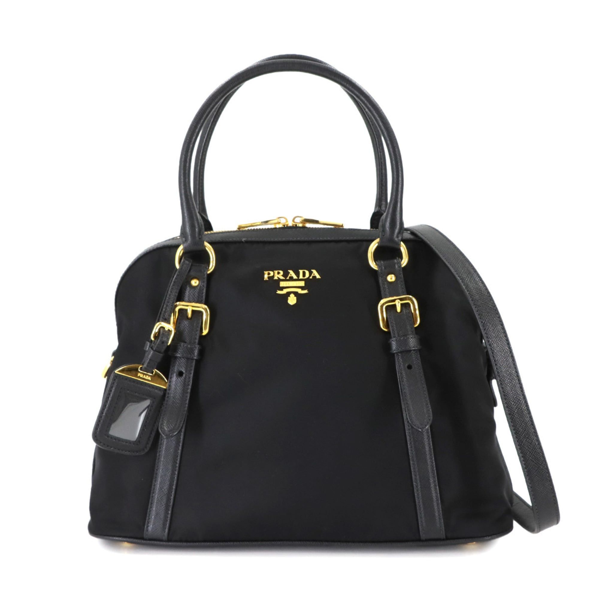 Prada 2-way hand/shoulder bag in nylon and Saffiano leather with black gold hardware (1BB013)