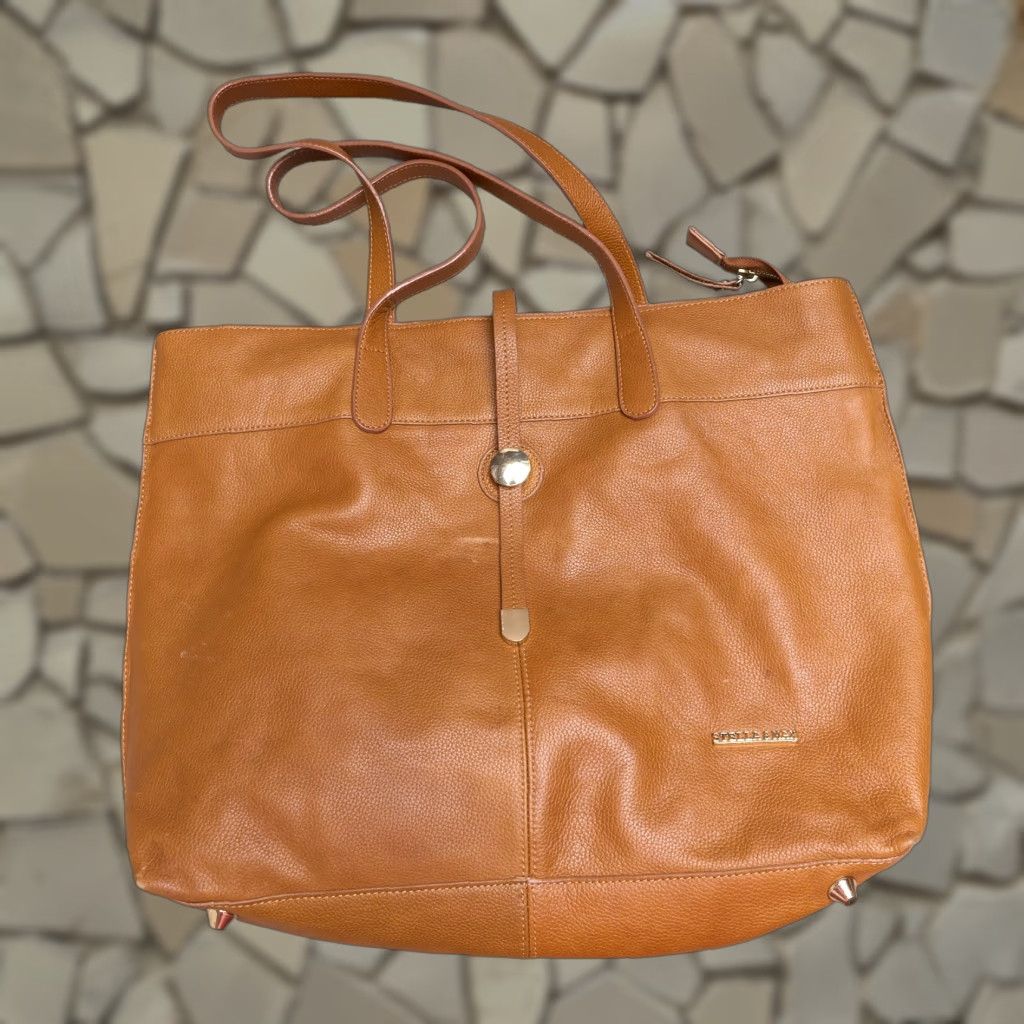 Vintage Stella & Max Leather Bag Women's Large Tote Shoulder Purse Tan Brown 12X17 in White