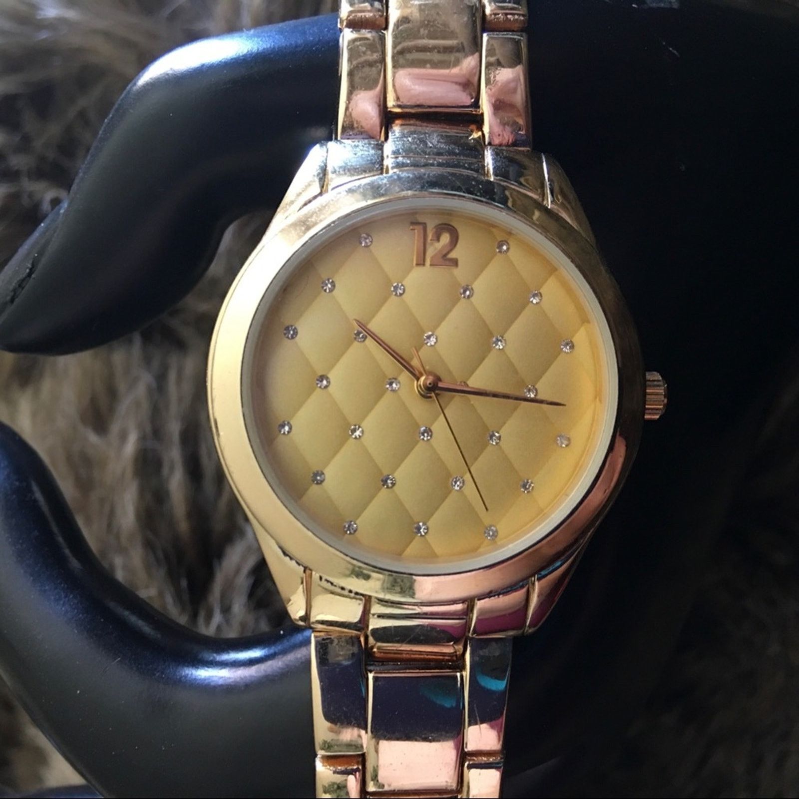 Jewelry Ladies gold tone steel quilted rhinestone watch Size ONE SIZE - 1 Thumbnail