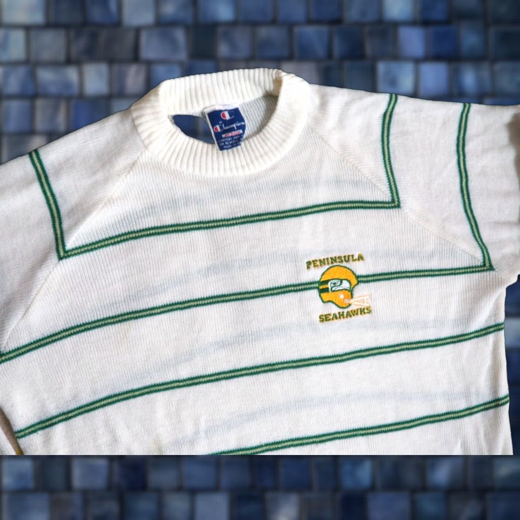 Champion VTG 90s Champion Seahawks NFL Peninsula PNW Cream Green Striped Sweater Mens M Size US M / EU 48-50 / 2 - 1 Thumbnail