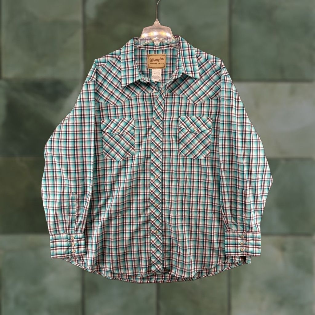 Wrangler Wrangler Western Shirt Mens 2XL Plaid Teal Button-Up Snap Pearl Cowboy Shirt Size US XXL / EU 58 / 5 - 1 Thumbnail
