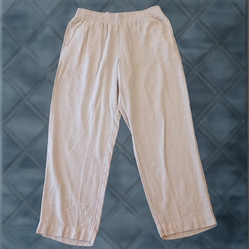 Old Navy Pants Womens Medium Beige Linen Blend Pull On Ankle Pockets 32X27 Straight Leg Mid Rise Vintage: No