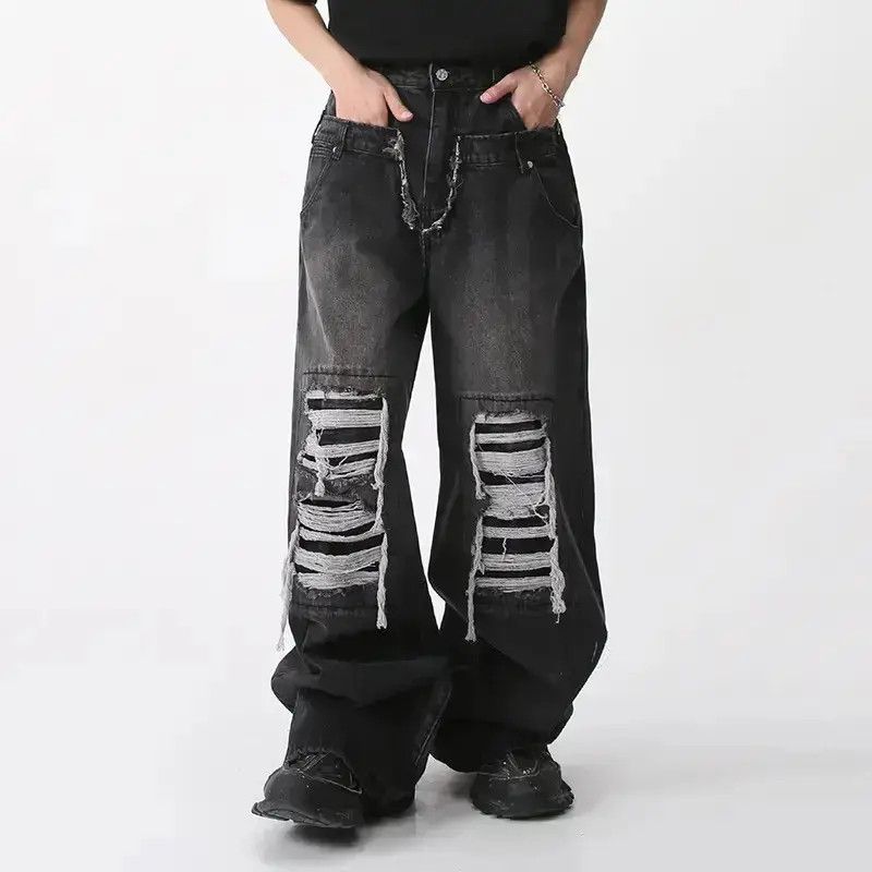 Japanese Brand Holey Baggy Retro Hip Hop Jeans Pants Y2k Casual Loose 90’s Size US 32 / EU 48 - 2 Thumbnail