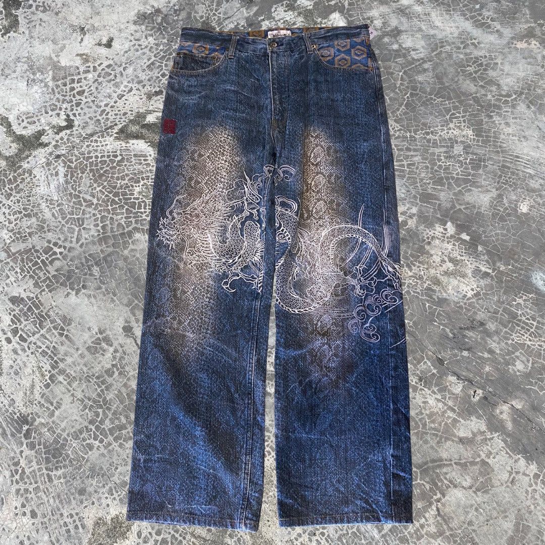 Japanese Brand Karakuri Tamashi Double Dragon Fight Embroidered Baggy Jeans Size US 34 / EU 50 - 1 Thumbnail