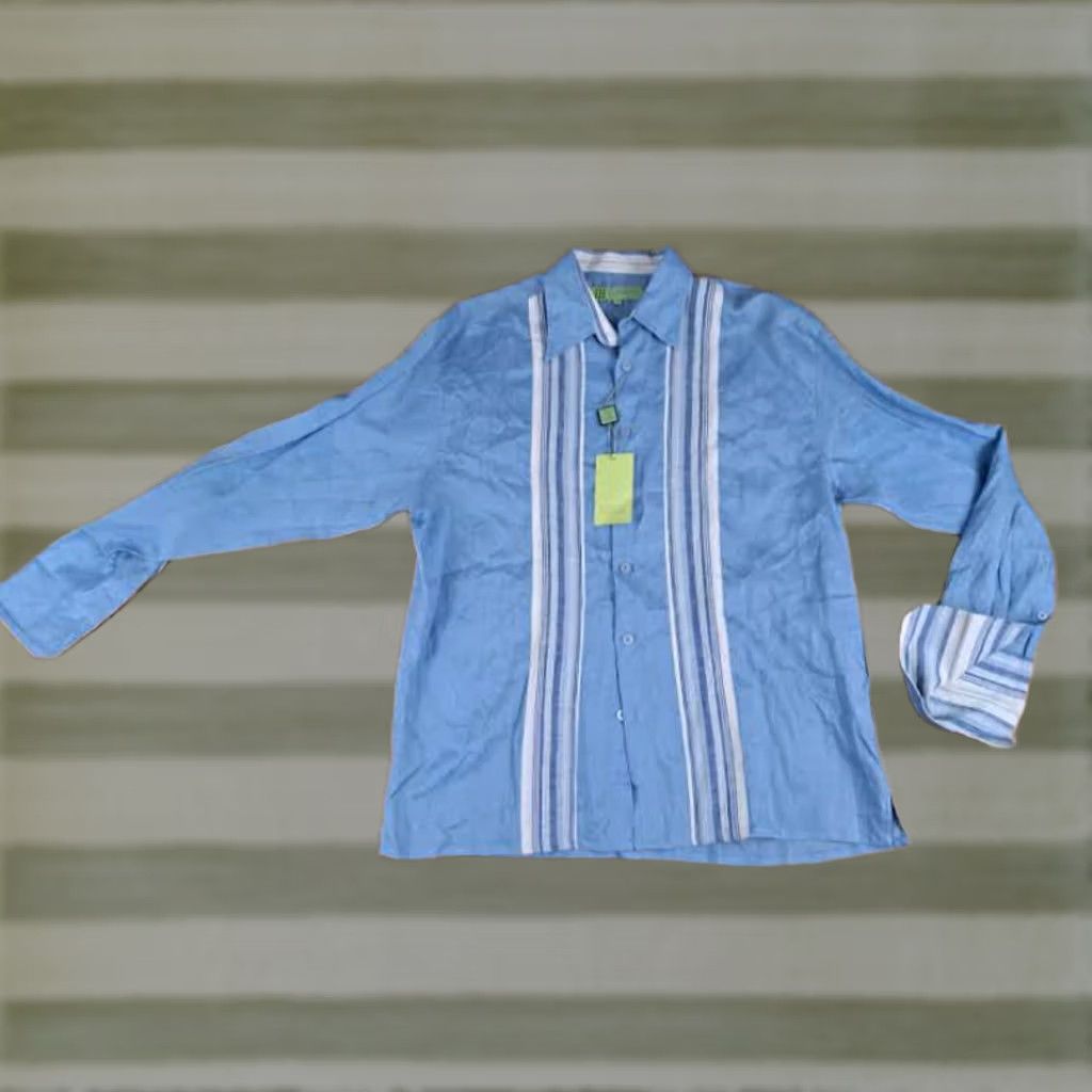 X-LARGE VINTAGE 100% Linen Full Button Lite Blue Long Stripe X-Large Shirt Maxini NWT Size US XL / EU 56 / 4 - 1 Thumbnail