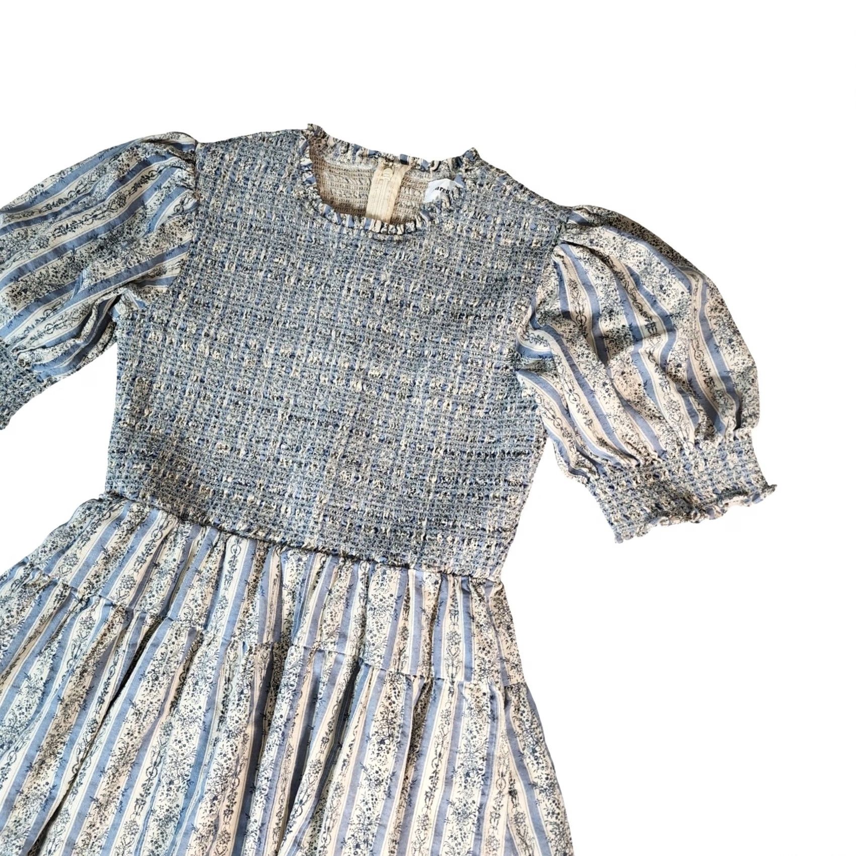 Vintage Aureum Blue Floral Stripe Smocked Mini Dress XS Women Cotton Short Puff Sleeve Zip Back Zipper Pockets Lined Bohemian Flower Spring Summer Vintage N/A Size 26" / US 2 / IT 38 - 2 Thumbnail