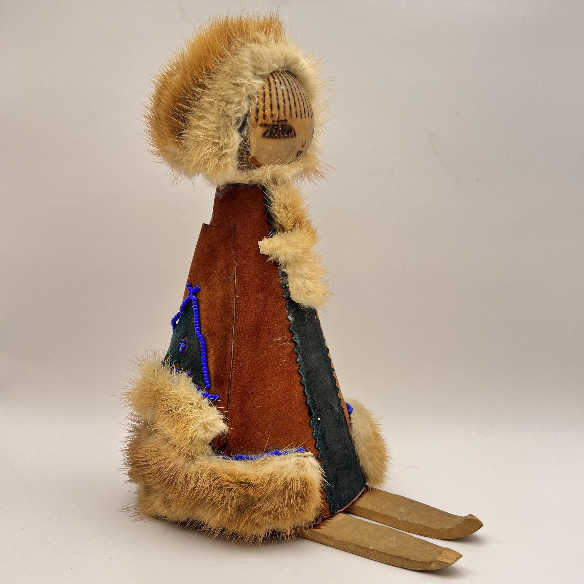 Vintage Vintage Wooden Natural Fur Hand Made Figurine Eskimo Girl Size ONE SIZE - 4 Thumbnail
