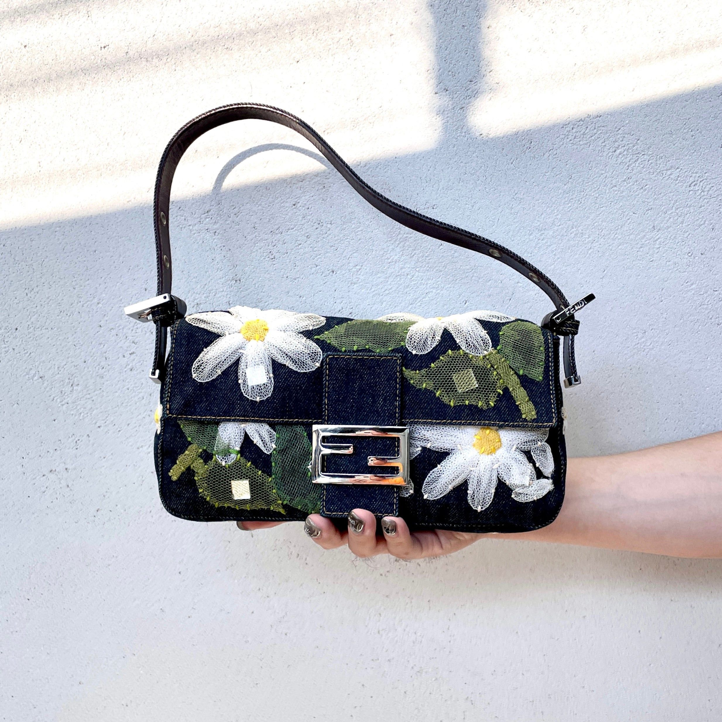 Fendi Denim Mesh Flower Mamma Bucket Pm Shoulder Bag