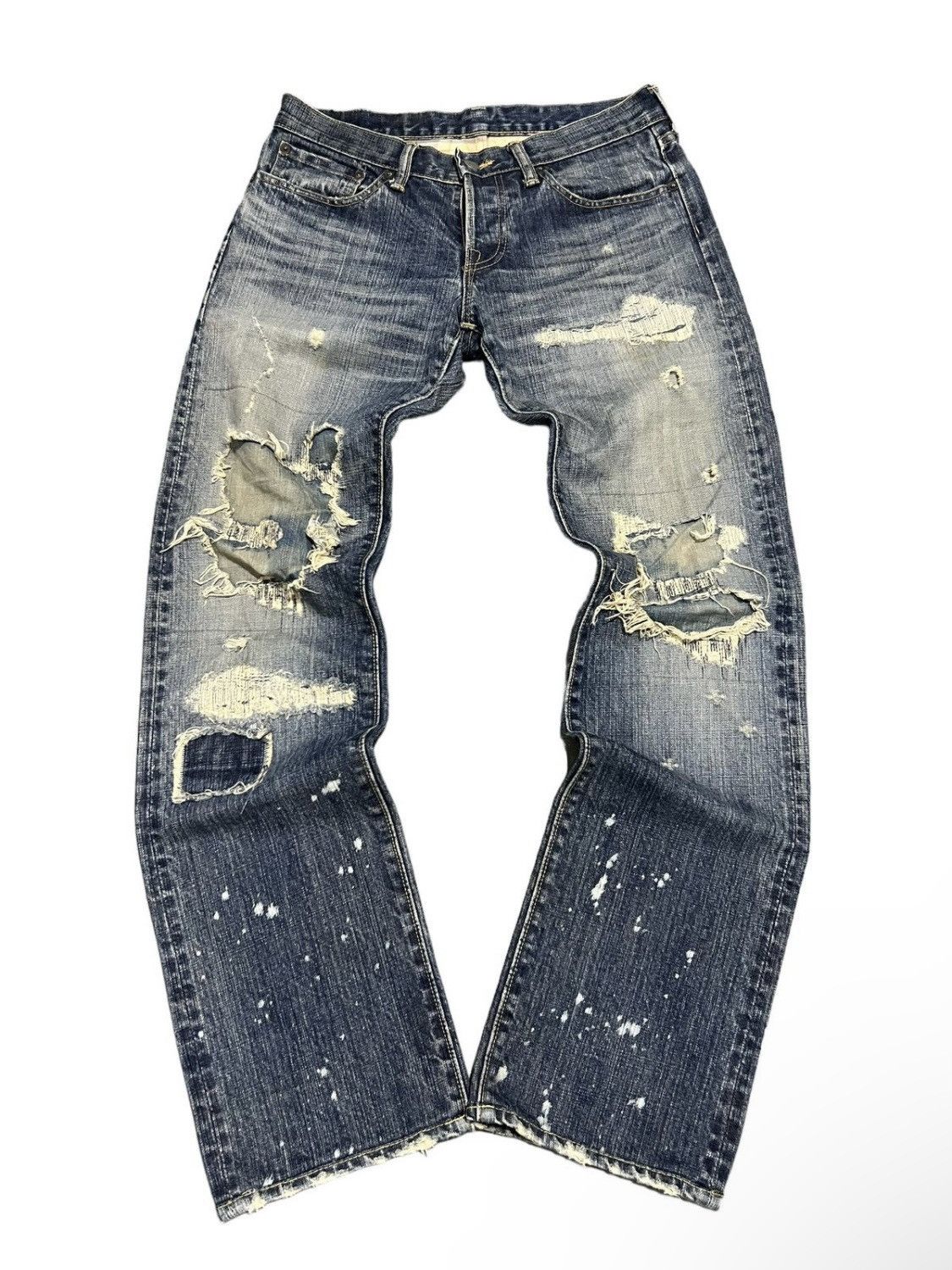 image of Distressed Denim x Eternal Repaired & Distressed Patchwork Japanese Denim Jeans in Blue (Size 30)