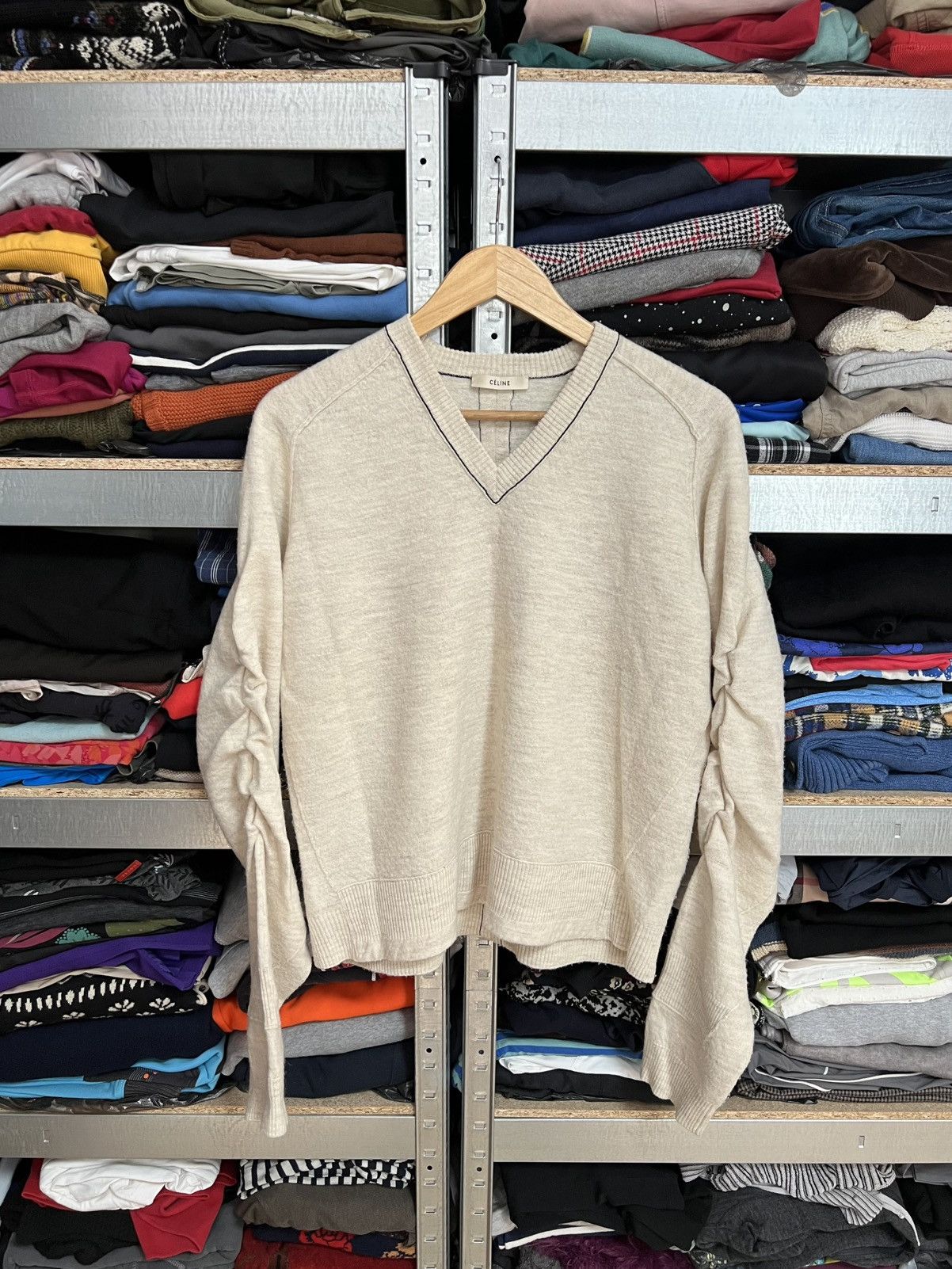 Celine Celine Beige V-Neck Sweater Wool Alpaca Blend Ruched Sleeves Size S / US 4 / IT 40 - 1 Thumbnail