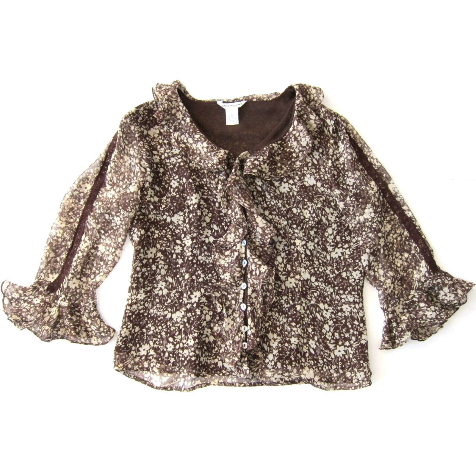 Vintage Richard Malcolm 100% Silk Ivory Brown Floral Ruffle Button Down Blouse Small Size S / US 4 / IT 40 - 2 Thumbnail