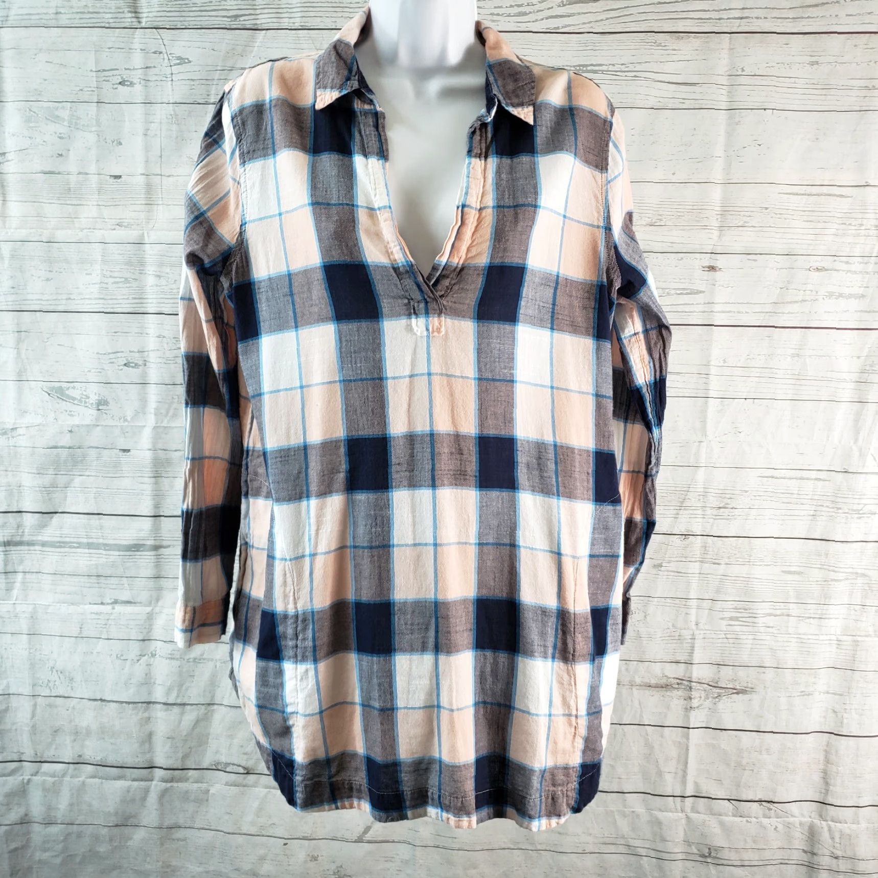 Lou & Grey Lou & Grey Womens Popover Top Blouse Long Sleeve Pink Checkered Cotton M Size M / US 6-8 / IT 42-44 - 2 Thumbnail