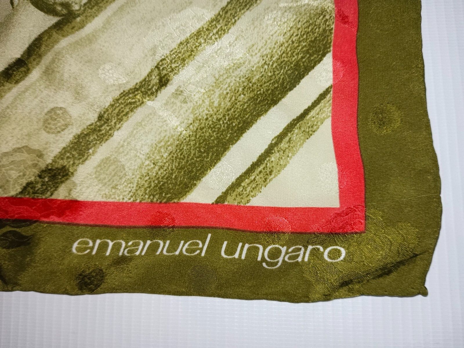Emanuel Ungaro EMANUEL UNGARO PARIS Rose Floral Olive Green Red Silk Scarf Size ONE SIZE - 2 Thumbnail