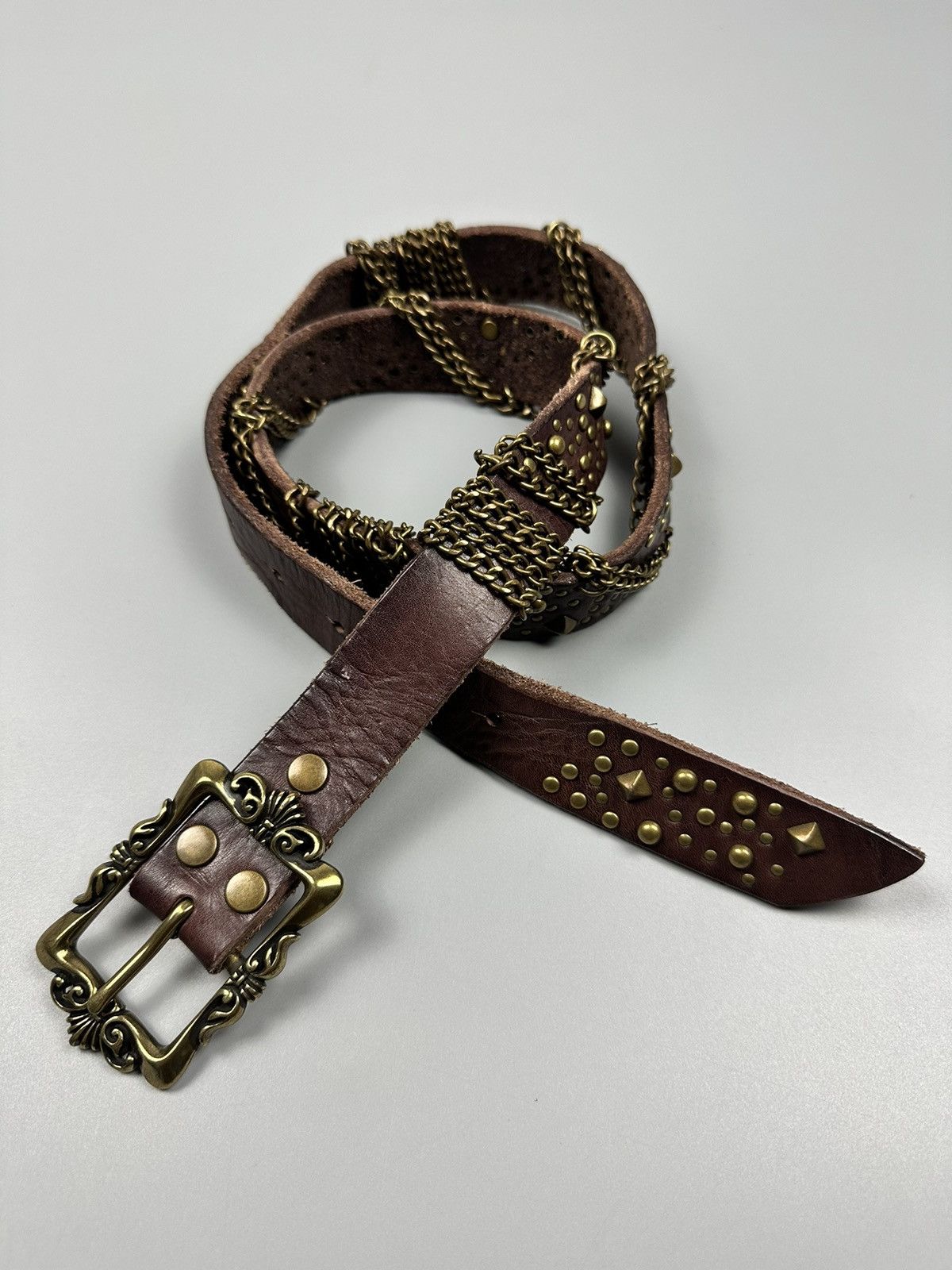 Japanese Brand Rare Gothic Celtic Flower Buckle Studded Leather Belt Size 34 - 1 Thumbnail