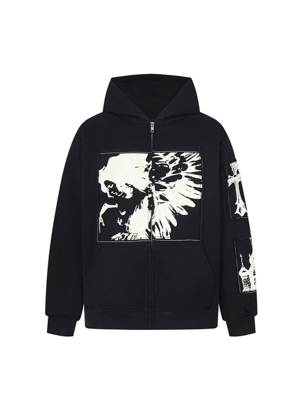 Vintage Black Graphic Zip-Up Hoodie, Streetwear Style Hoodie Size US M / EU 48-50 / 2 - 1 Thumbnail