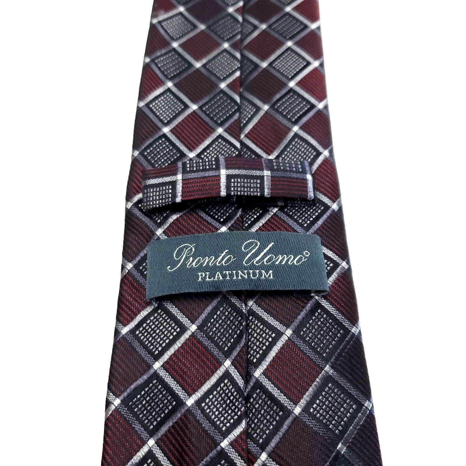 Pronto Uomo Pronto Uomo Platinum Red Gray Plaid Long Skinny Silk Tie Size ONE SIZE - 3 Thumbnail