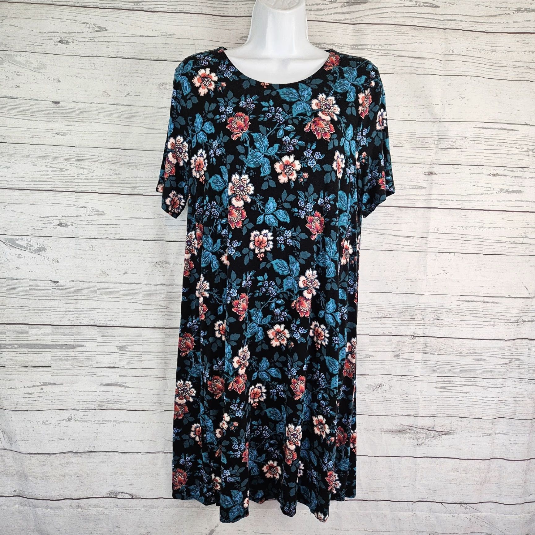 Loft Ann Taylor LOFT Womens Dress Short Sleeve Teal Pink Floral Rayon Knee Length M Multicolor T-Shirt Dress Womens Size 32" / US 10 / IT 46 - 2 Thumbnail