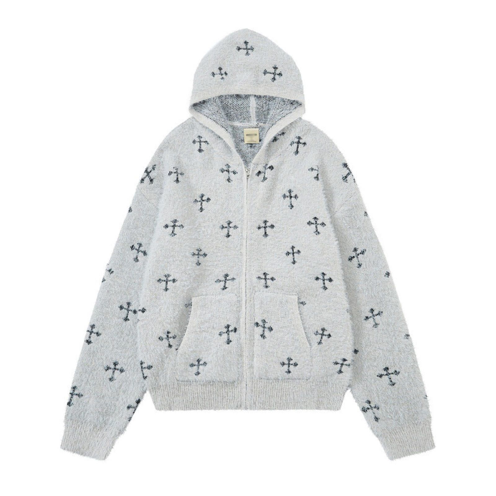 Japanese Brand Gray Fuzzy Zip-Up Hoodie with Cross Pattern Size US M / EU 48-50 / 2 - 1 Thumbnail