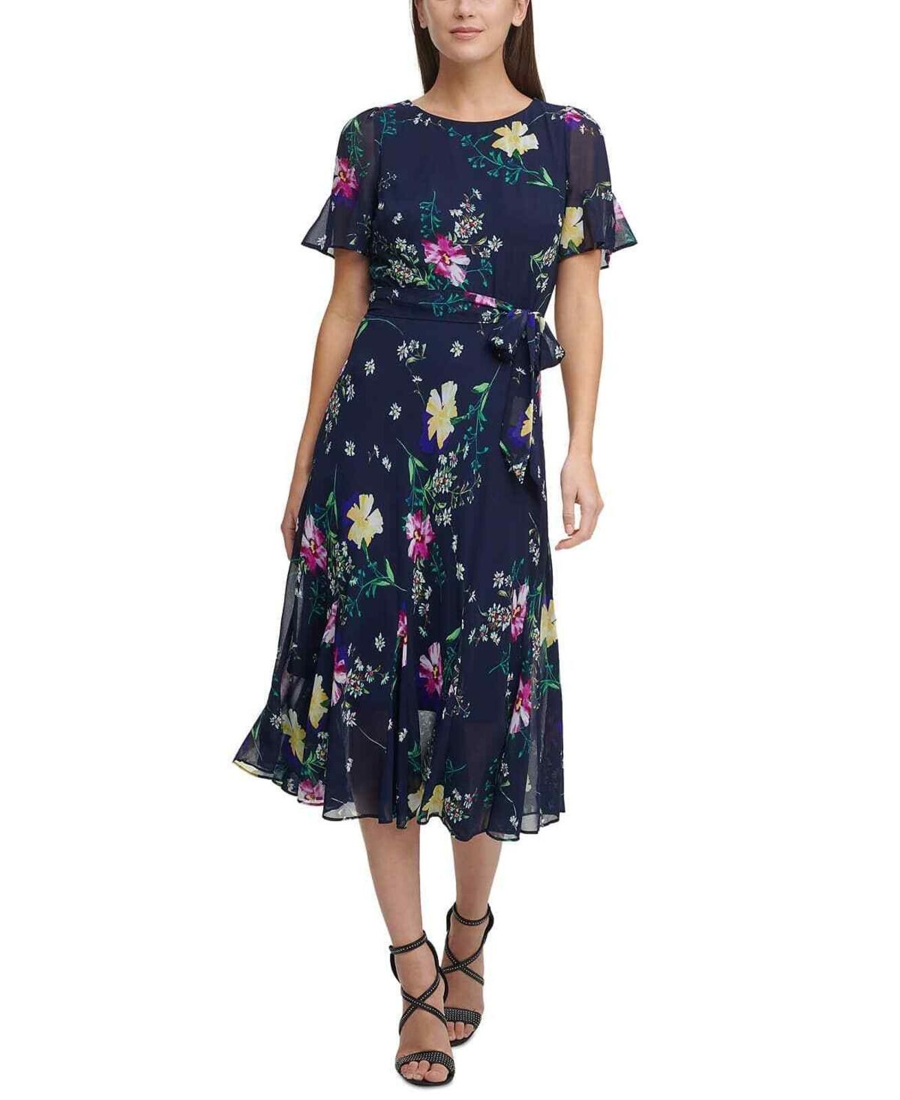 DKNY DKNY Women's Petite Floral Printed Godet Skirt Midi Dress Size L / US 10 / IT 46 - 1 Thumbnail