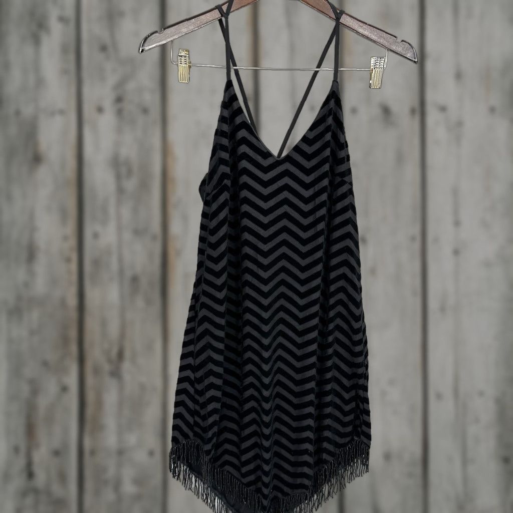 Velvet ASTR Dress Womens XS Black Velvet Chevron Spaghetti Strap Bead Fringe Going Out Size XS / US 0-2 / IT 36-38 - 1 Thumbnail